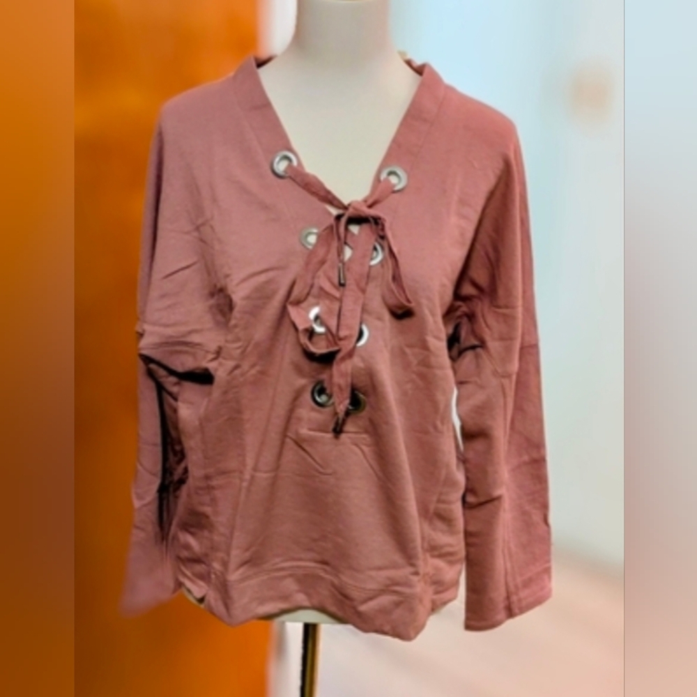 Active USA Lace-Up V-Neck Blouse - Dusty Rose
